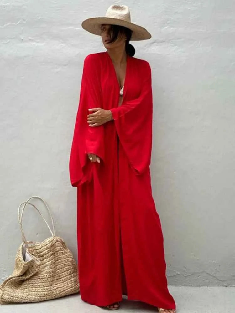 Solid Beach Cover Up Women Self Belted Wrap Kimono Dress Swimsuit 2025 New Robe Summer Beachwear Factory Supply