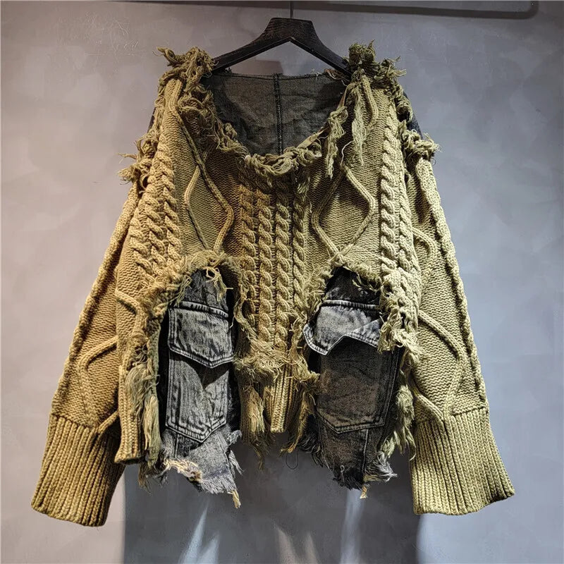 [EWQ] Vintage Long Sleeve Denim Pockets Patchwork V-Neck Orange-red Sweater Loose Tops Old Designs Women Pullover Knitted 6U1329 SS69 75.69 Green / One Size