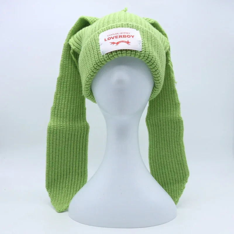 Long fox Ears Knitted Hat Men Women Rabbit Ear Warm Crochet Beanies Kpop Hip Hop Hat Winter Skullies Cap Y2k Christmas Gifty