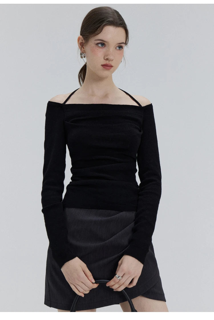 EGGKA Autumn One-shoulder Halter Neck Knitted Tops Women Slim Designer T-Shirts Slash Neck Long Sleeve Tops Korean Fashion Tees - SS69