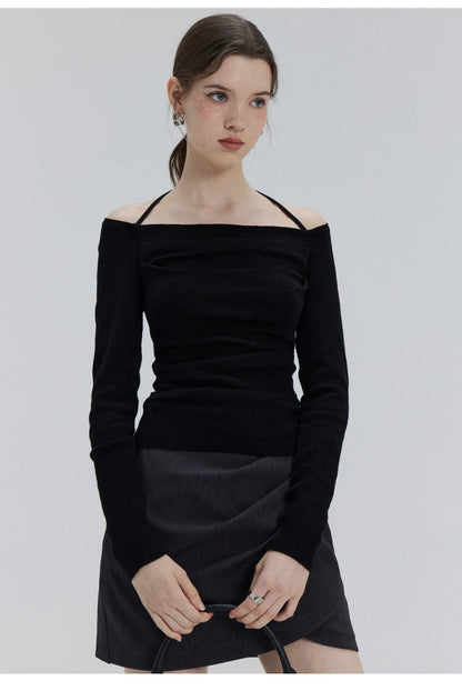 EGGKA Autumn One-shoulder Halter Neck Knitted Tops Women Slim Designer T-Shirts Slash Neck Long Sleeve Tops Korean Fashion Tees - SS69