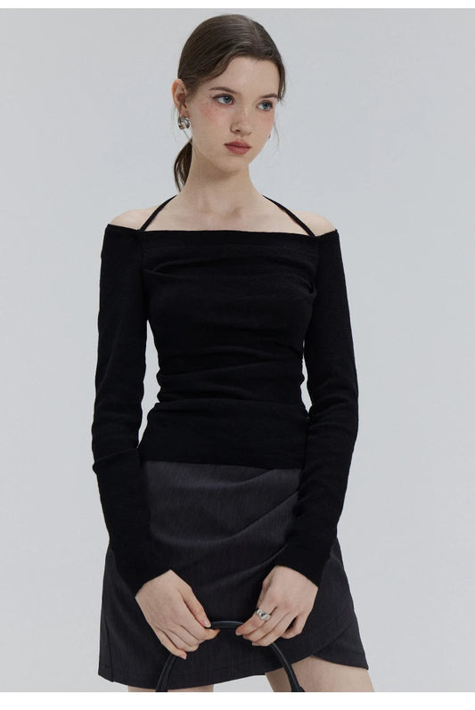 EGGKA Autumn One-shoulder Halter Neck Knitted Tops Women Slim Designer T-Shirts Slash Neck Long Sleeve Tops Korean Fashion Tees - SS69