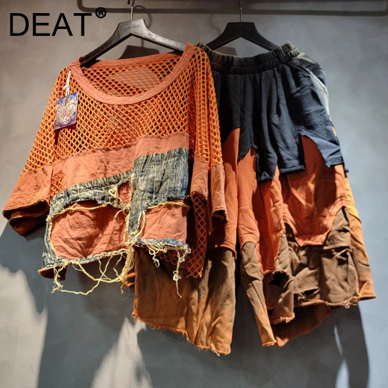 DEAT Women's Two-Piece Set Mesh Splicing T-Shirt and Denim Shorts Outfit