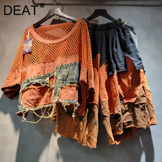 DEAT Women's Two-Piece Set Mesh Splicing T-Shirt and Denim Shorts Outfit