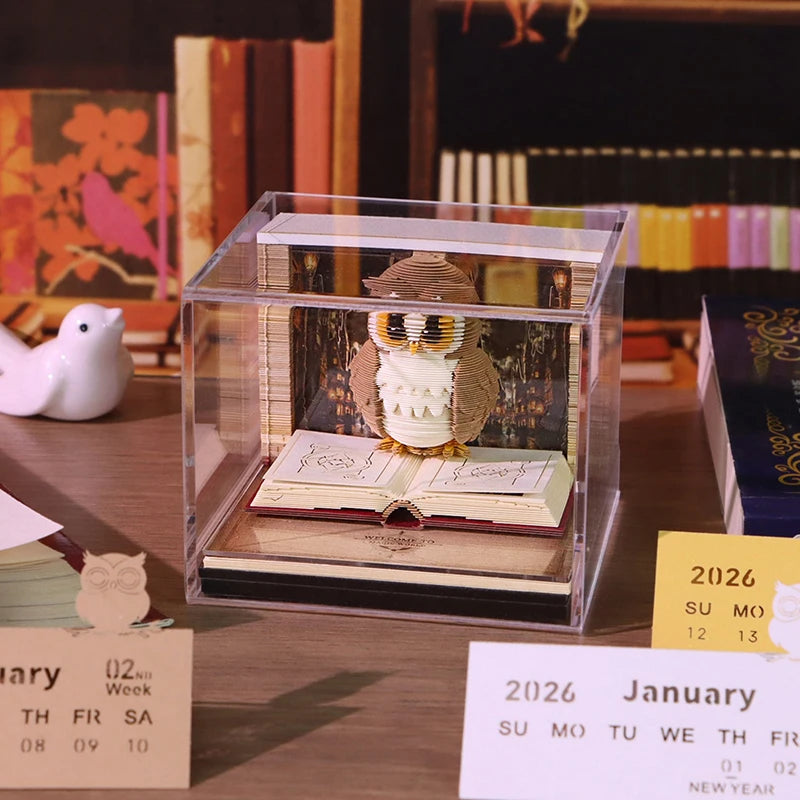 ANENG 2026 3D Desk Calendar Time Piece with LED Light Paper Carving Memo Pad