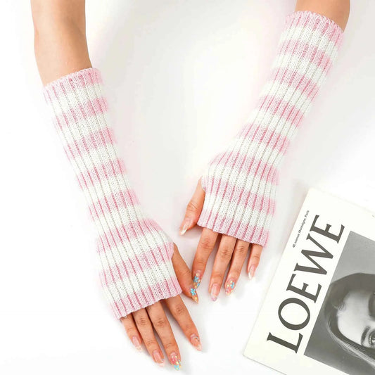 Women's Knitted Fingerless Arm Sleeves Gothic Style Striped Winter Long Arm Warmers Girls Harajuku Y2K Fashion Wrist Gloves