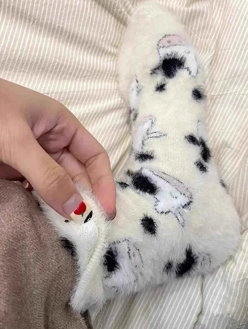Cartoon Cute Cow Mink Velvet Socks Women Winter Soft Fleece Plush Warm Home Sleep Boot Socks Kawaii Y2K Furry Thermal Tube Sox