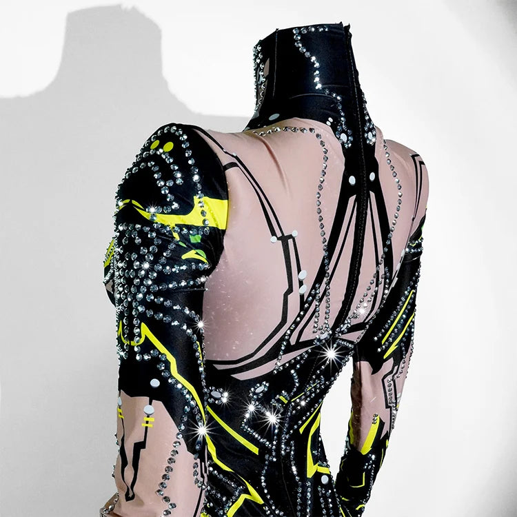Women's Green Rhinestone Bodysuit High Elasticity Dance Outfit