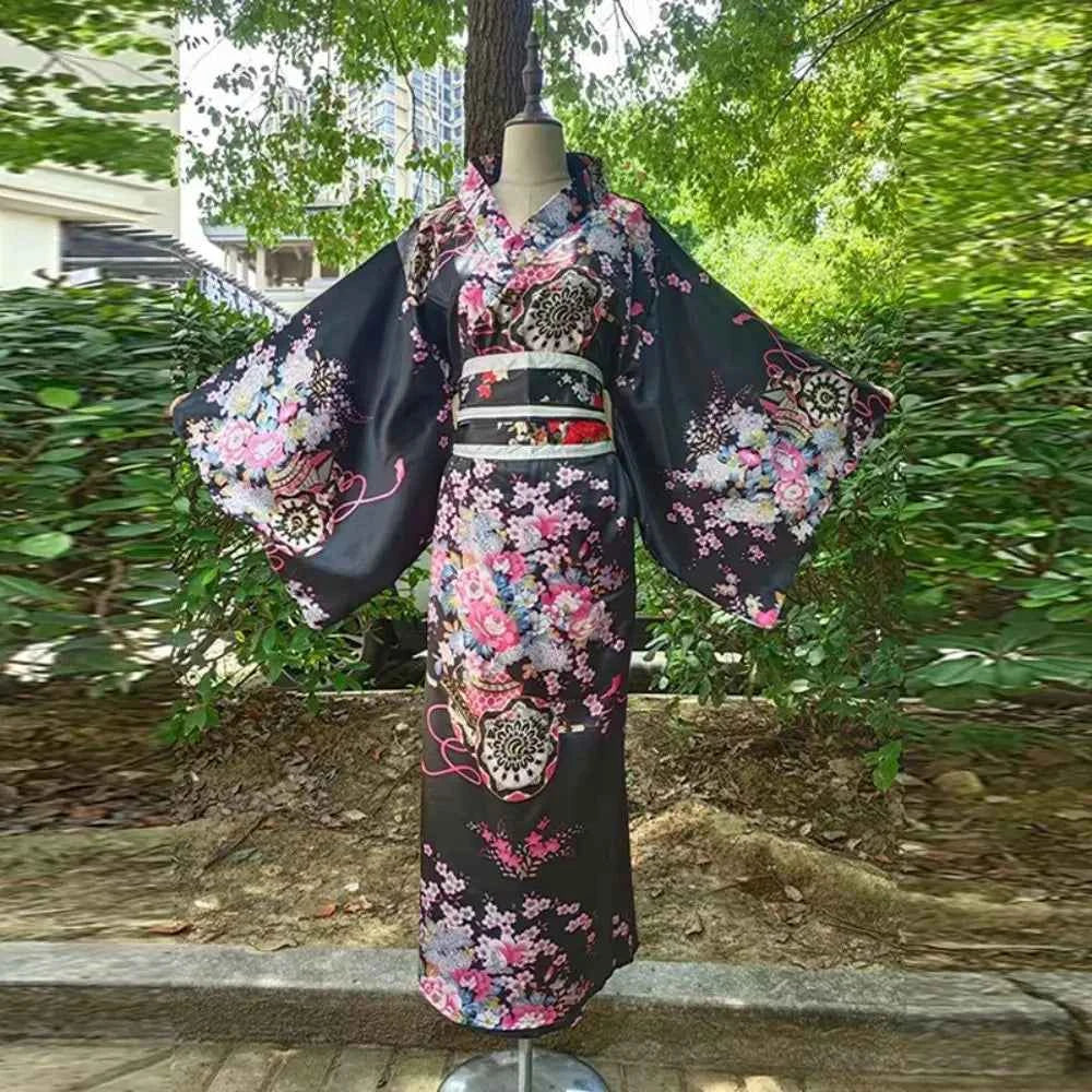 Cosplay Costume Traditional Japanese Kimono Japanese Style Printed Floral Sakura Girl Kimono Dress Asian Elegance