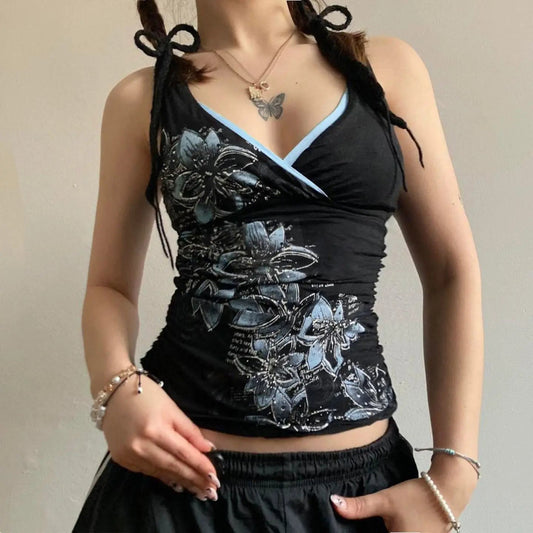 American retro style black printed suspender vest women T-shirt y2k millennium goth slim V-neck fashion top SS69 33.69 AA-1 / XL