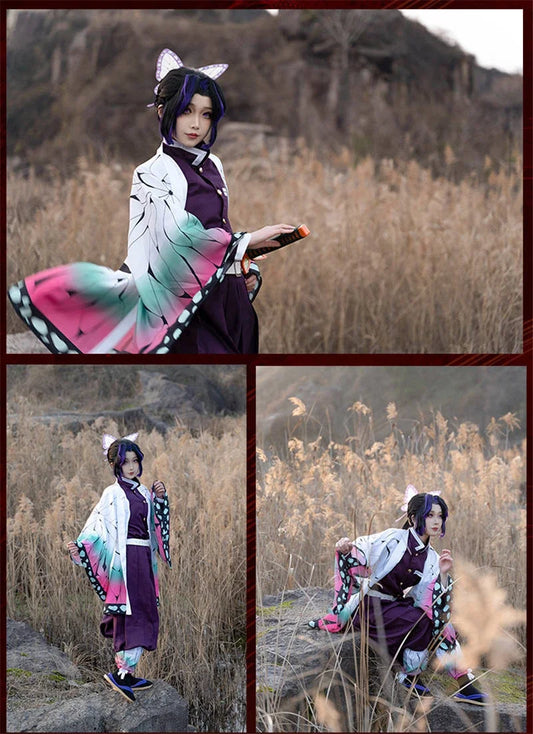 Kochou Shinobu Anime Cosplay Costume Set with Uniform and Haori for Adults