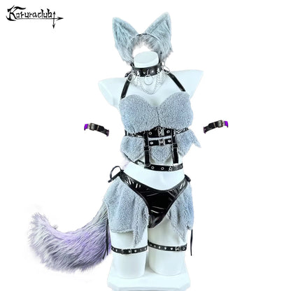 Halloween Women Wolf girl Cosplay costumes Gray lingerie set Leather collar Werewolf Plush underwear - SS69