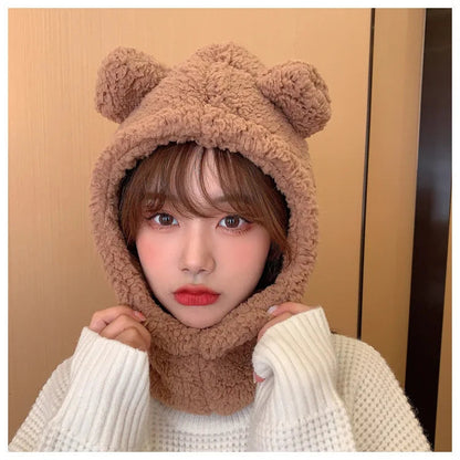 Winter Cartoon Hat With Mask Bear Lamb Beanie Hats Warm Thickened Ear Protection Skullies Beanies for Women Girl Kawaii SS69