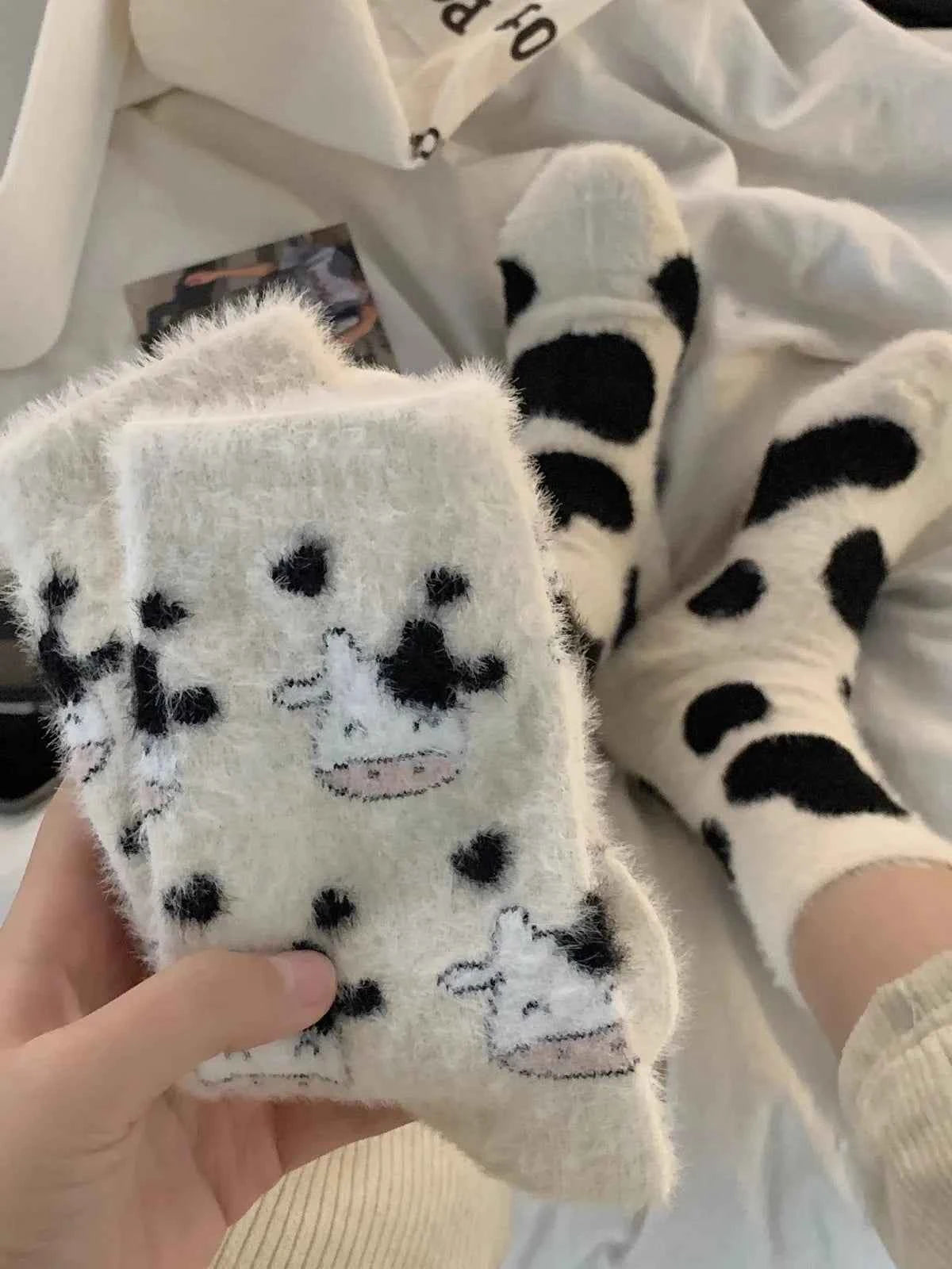 Cartoon Cute Cow Mink Velvet Socks Women Winter Soft Fleece Plush Warm Home Sleep Boot Socks Kawaii Y2K Furry Thermal Tube Sox