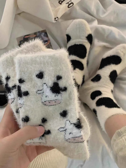 Cartoon Cute Cow Mink Velvet Socks Women Winter Soft Fleece Plush Warm Home Sleep Boot Socks Kawaii Y2K Furry Thermal Tube Sox