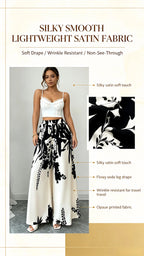 Women Black Ink Floral Print Wide Leg Pants Elastic High Waist Silky Satin Palazzo Trousers Summer Vacation Casual Loose Long Pants Beach Bottoms Vestidos