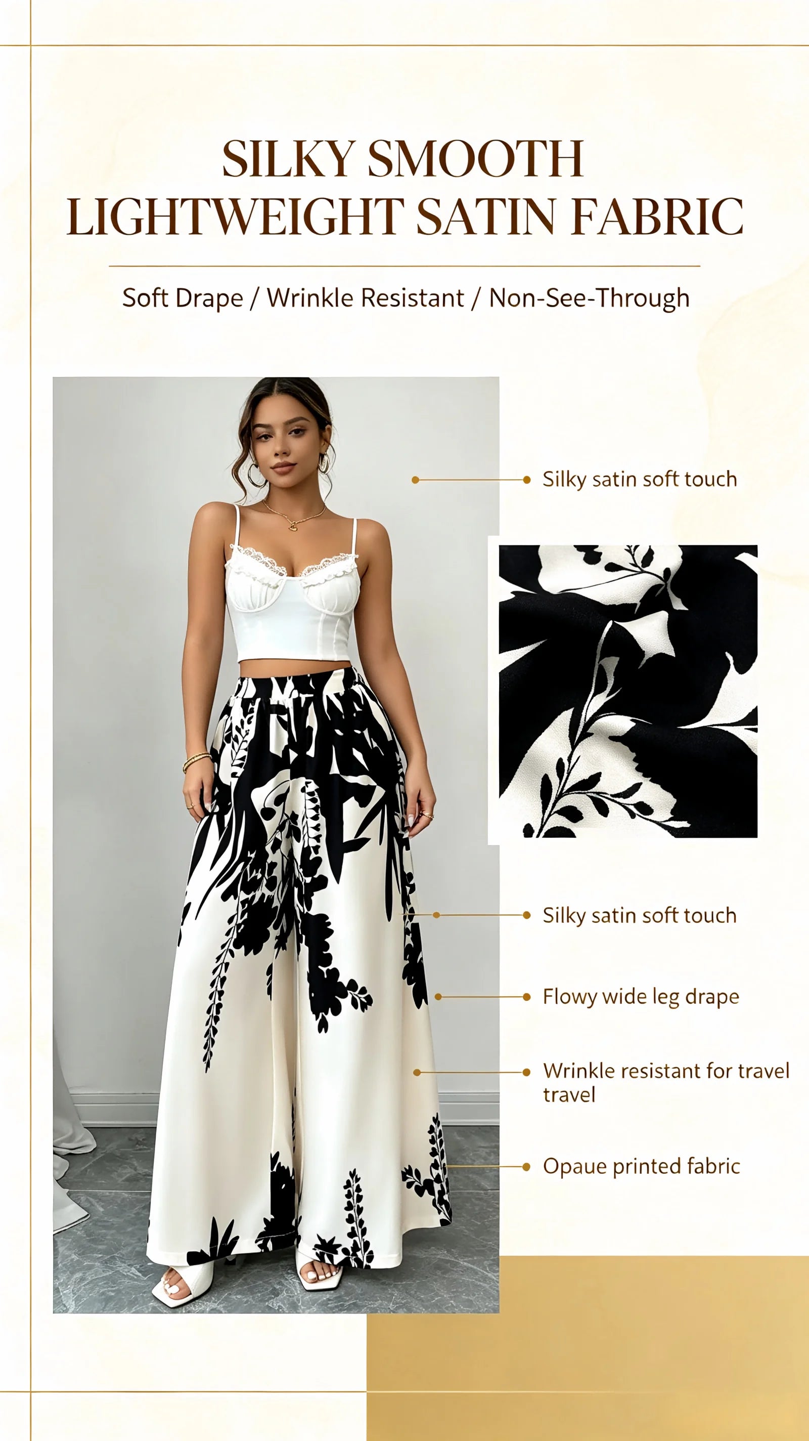 Women Black Ink Floral Print Wide Leg Pants Elastic High Waist Silky Satin Palazzo Trousers Summer Vacation Casual Loose Long Pants Beach Bottoms Vestidos
