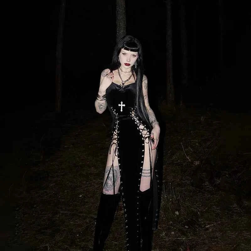 Punk Grunge High Split Hem Straps Dess 90s Streetwear Gown Women Sexy Corn Bandage Velvet Dresses Mall Gothic Clothing
