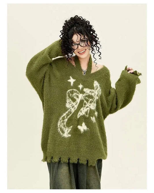 Winter American New Green Bow Neck Sweater Women Loose Print Pattern Vintage High Street Lazy Wind Knitted Sweater SS69