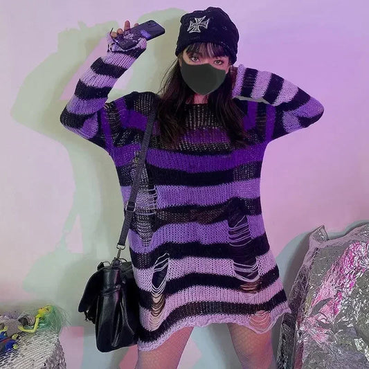 2024 Purple Striped Gothic Sweaters Women Ripped Holes Loose Knitted Pullover Frayed Fairy Grunge Jumpers Emo Streetwear Lolita SS69 14.69 Purple Gradient / One Size