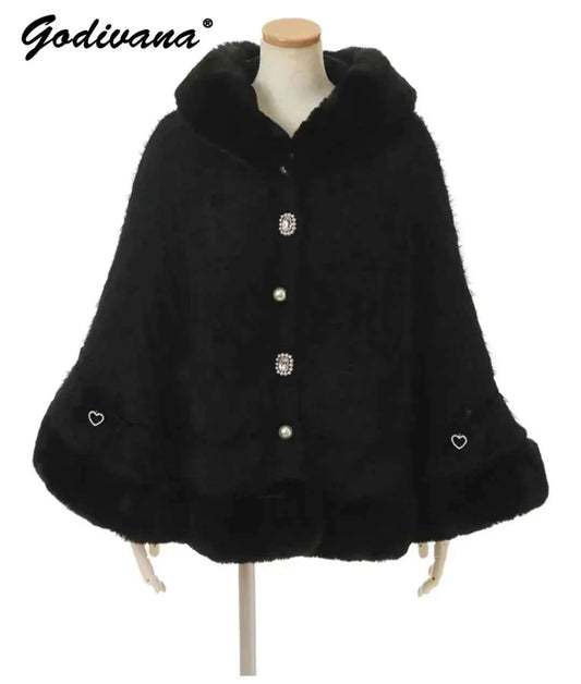 Japanese Sweet Soft Thick Women's Double-Layer Big Ribbon Hooded Knitted Cloak 3 Colors Autumn and Winter Ponchos Warm Jacket