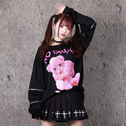 Harajuku Printed Black Zipper Hoodie