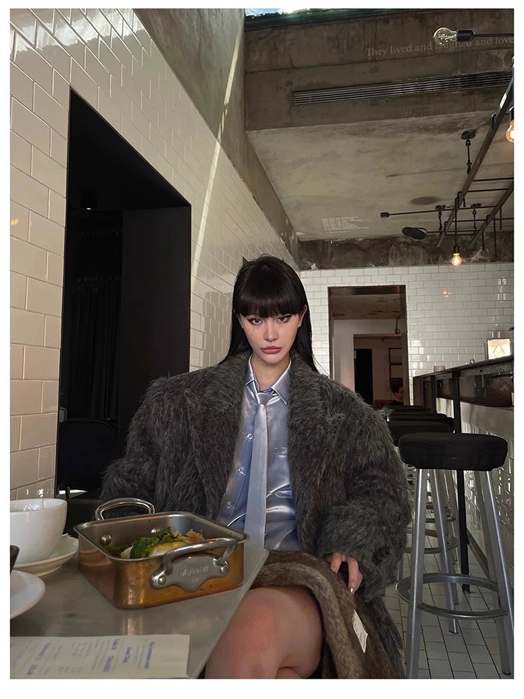 Mauroicardi Autumn Winter Oversized Extra Long Warm Thick Gray Wool & Blends Coat Women Loose Casual Fluffy Korean Fashion 2024