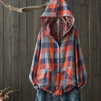Large size blouses for women autumn spring hooded long sleeve single-breasted plaid shirts oversized shirt top female hoodies
