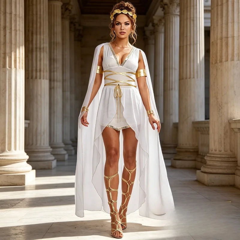 Greek Roman Goddess Dress Flowing White Toga Robe Halloween Cosplay Costume for Stage Performance and Party