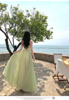 Summer Retro Purple Sexy Sleeveless Backless Ruffles Pleated Slip Dress French Women Green Elegant Party Evening Long Dress Chic