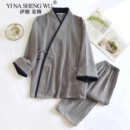 Japanese Style Spring and Autumn Thin Men's Kimono Hanfu Pure Cotton Gauze Pajamas Plus Size Home Steaming Suit