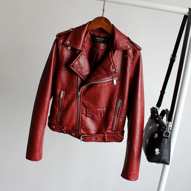 Women's PU Leather Motorcycle Jacket - Slim Fit, Turn-Down Collar