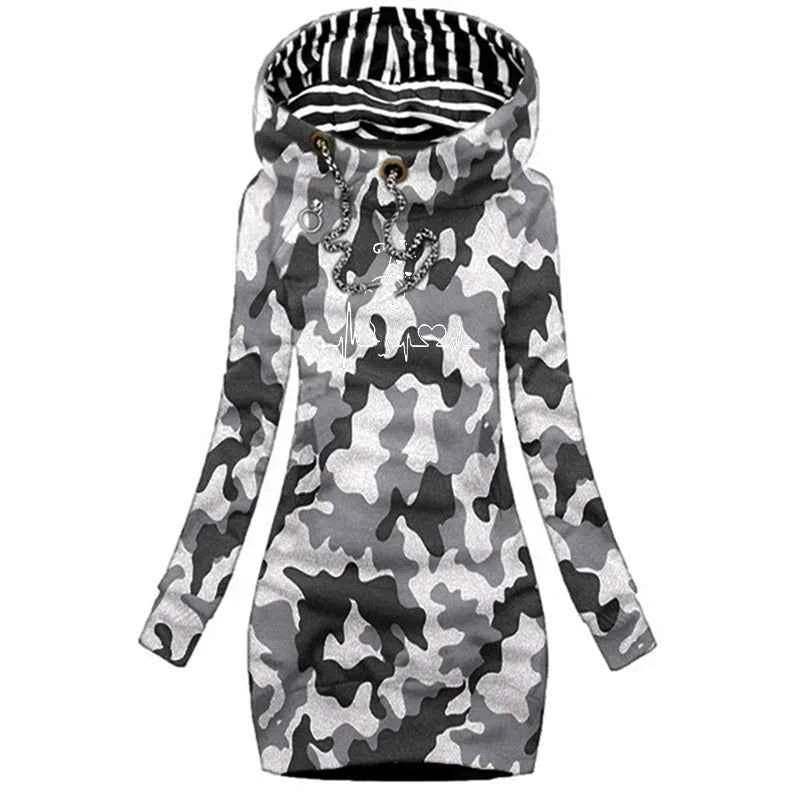 Trendy Line Cat Printed Autumn and Winter Women's Fashion Hoodie Dresses Hoodie Dresses Women's Long Sleeve Sweater Dresses