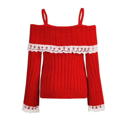 Pretty Cute Outfits Harajuku Cosplay Sweater Kawaii Lace Trim Off Shoulder Pullovers Y2K Aesthetic Vintage Long Sleeve Jumpers SS69