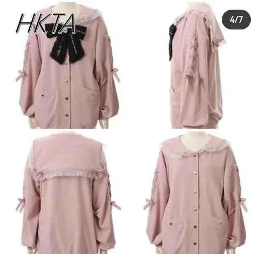 Mine Series Japanese Embroidery Bow Sail Collar Black Long Sweatshirt Coat Women Hoodie Lolita Sweet Girls Pink Hoodies Jacket