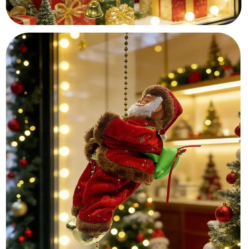 Christmas Doll Decoration Santa Claus Doll Electric Climbing Santa Claus On Beads Chain Moving Figure Hanging Xmas Ornament Gift