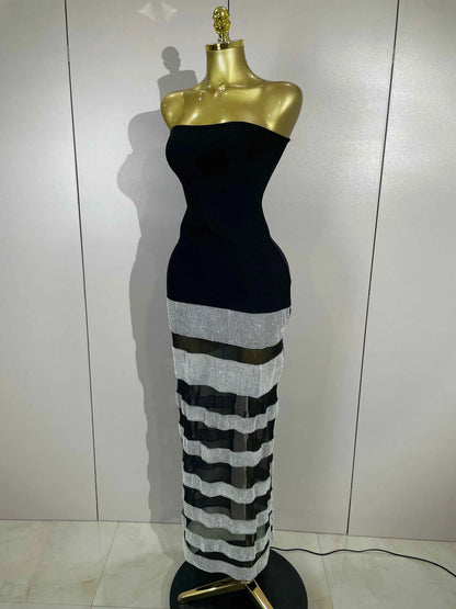 Elegangt Shiny Sexy Mesh Strapless Bodycon Long Bandage Dresses Women Club Birthday Evening Party Slim Celebrity Guest Dresses