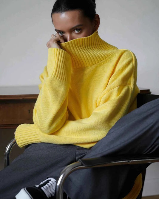 Autumn Women's Knitted Sweater Oversize High Collar Yellow Vintage Pullover Soft Winter Warm Vintage Red Sweaters for Women