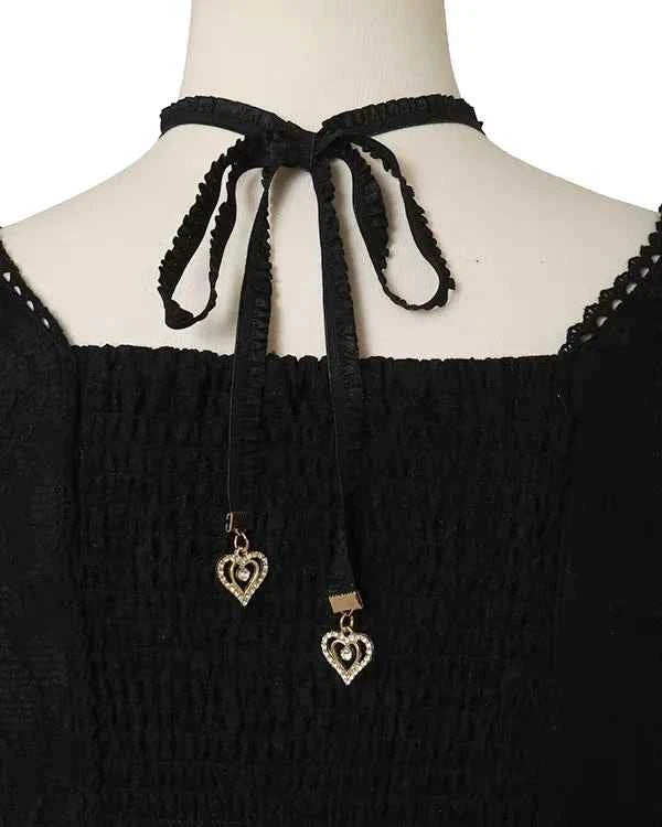 Japanese Sweet Heavy Industry Splicing Sleeve Strap Lace Bow Lace Shirt Summer Autumn New Elastic Slim Long-sleeve Tshirt Top