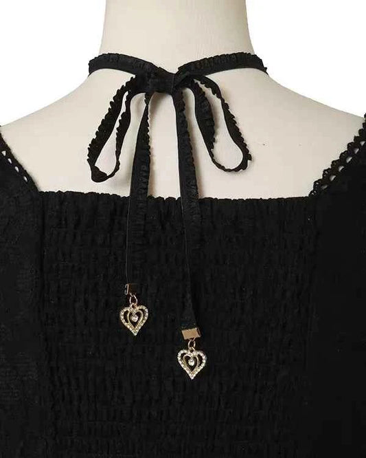 Japanese Sweet Heavy Industry Splicing Sleeve Strap Lace Bow Lace Shirt Summer Autumn New Elastic Slim Long-sleeve Tshirt Top