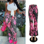 FAGADOER Y2k Fashion Pink Camouflage Print Pants Women Button High Waist Flare Pants Female INS New Autumn Streetwear Bottoms SS69