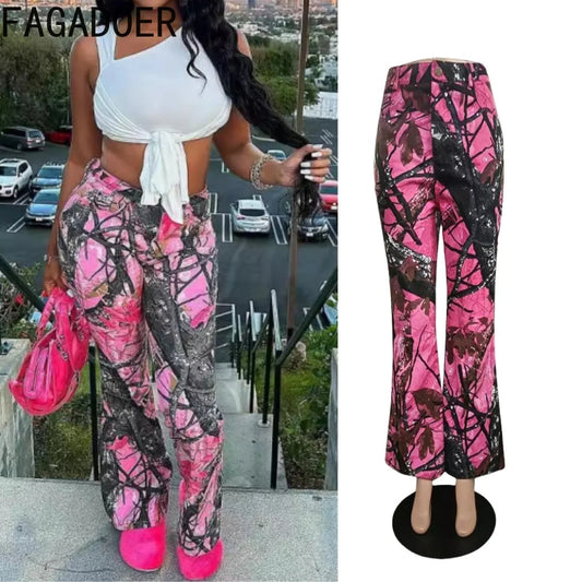 FAGADOER Y2k Fashion Pink Camouflage Print Pants Women Button High Waist Flare Pants Female INS New Autumn Streetwear Bottoms SS69