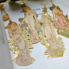 1 Set of 4 Mucha Four Flower Illustration Art Bookmark Gift Box, Literary Retro, Brass Chain Decorative Painting, Holiday Gift