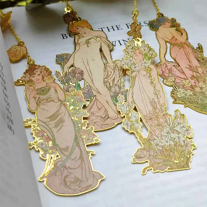 1 Set of 4 Mucha Four Flower Illustration Art Bookmark Gift Box, Literary Retro, Brass Chain Decorative Painting, Holiday Gift