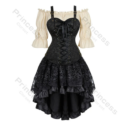 Brown Pirate Dress Plus Size Faxu Leather Steampunk Corset Dress with Shoulder Off Blouse Cosplay Pirate Costume for Women SS69 77.69 black-beige / XXXL