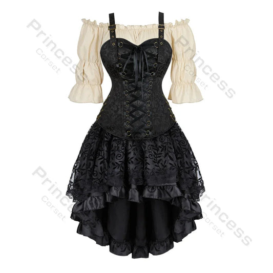 Brown Pirate Dress Plus Size Faxu Leather Steampunk Corset Dress with Shoulder Off Blouse Cosplay Pirate Costume for Women SS69 77.69 black-beige / XXXL