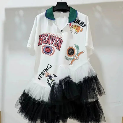 Summer Mesh Splicing Ruffles Short Sleeve T-Shirts Irregular Gauze Stitching Ruched Pleated Tees Letters Printed Jumpers Tops SS69 27.69 WHITE / S