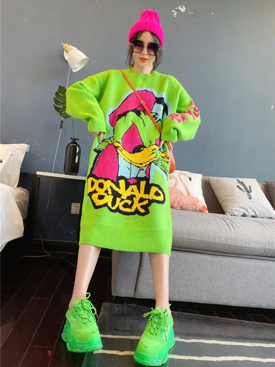 Korean Long-Sleeved Pullover Sweater Loose Fashion Women Autumn Winter Cartoon Embroidered Thickened Long Section Knitted Top SS69