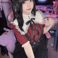 Gothic Y2k Lolita Shirt Japanese Harajuku Girls Sweet Lace Ruffles Bow Puff Sleeve Blouses Women Punk Clothes Tops Blusas Mujer SS69