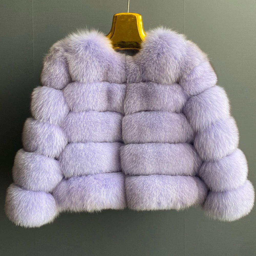 WGLUVF Women's Real Fox Fur Short O-Neck Coat